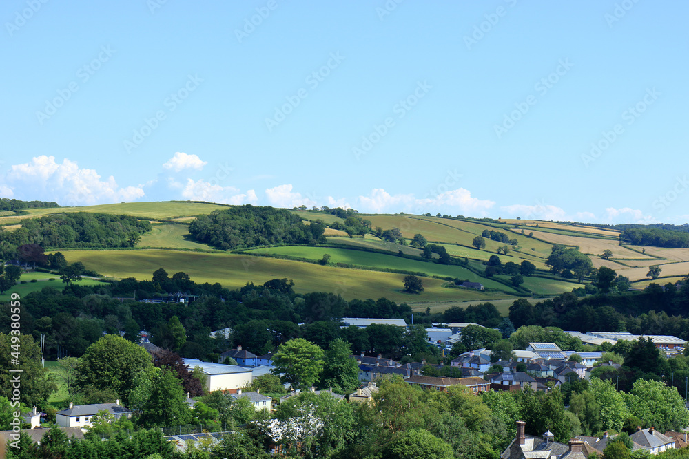 A picturesque landscape scene of the fields and meadows around Totnes