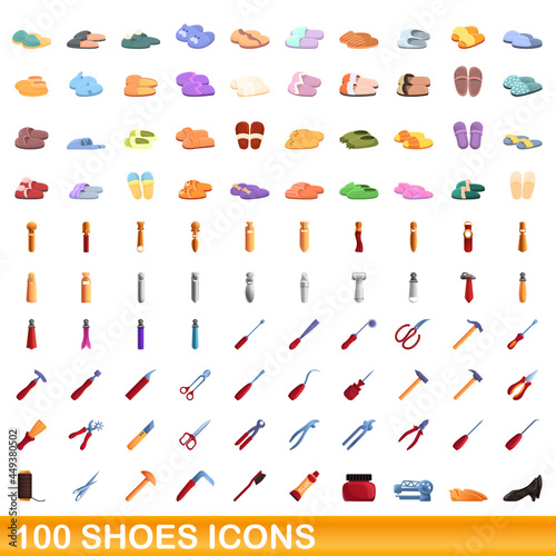 100 shoes icons set. Cartoon illustration of 100 shoes icons vector set isolated on white background