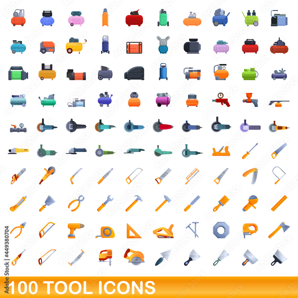 100 tool icons set. Cartoon illustration of 100 tool icons vector set isolated on white background 100 tool icons set. Cartoon illustration of 100 tool icons vector set isolated on white background