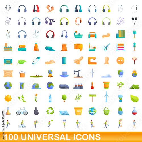 100 universal icons set. Cartoon illustration of 100 universal icons vector set isolated on white background