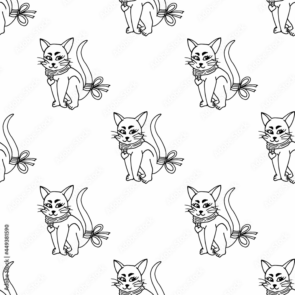 Obraz premium Seamless pattern with black-and-white sly cat. Vector image. Coloring book.
