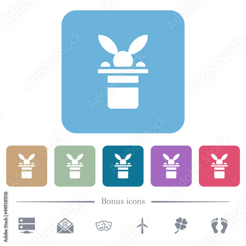 Magic hat with bunny ears flat icons on color rounded square backgrounds