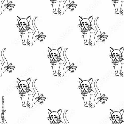 Seamless pattern with black-and-white sly cat. Vector image. Coloring book.