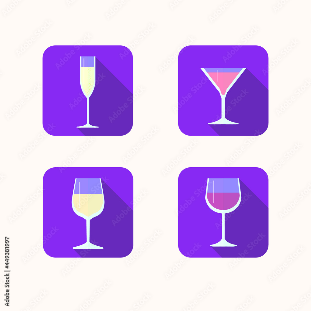 Flat icons of glasses with champagne, wine, martini Flat icons of glasses with champagne, wine, martini