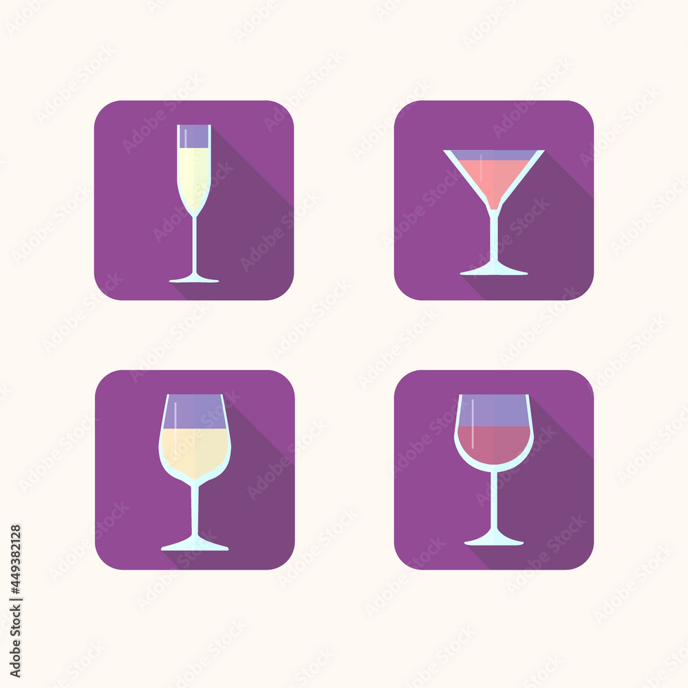 Flat icons of glasses with champagne, wine, martini
