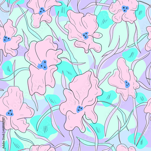 Seamless pattern with abstract flowers and leaves