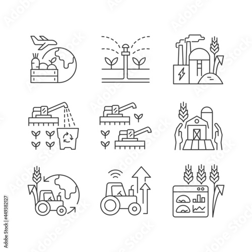 Agricultural business linear icons set. Ecological farming. Farm modernization and innovation. Customizable thin line contour symbols. Isolated vector outline illustrations. Editable stroke