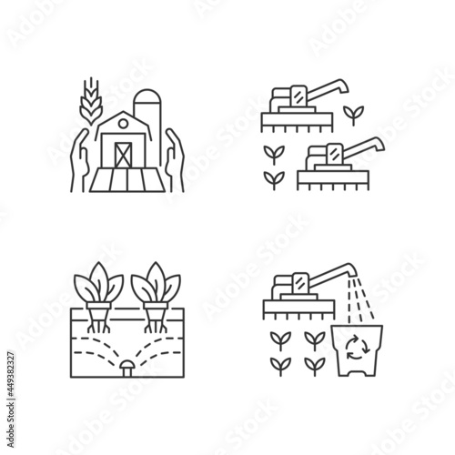 Agriculture and farming linear icons set. Ecological innovation, technology in farming. Farmers support. Customizable thin line contour symbols. Isolated vector outline illustrations. Editable stroke