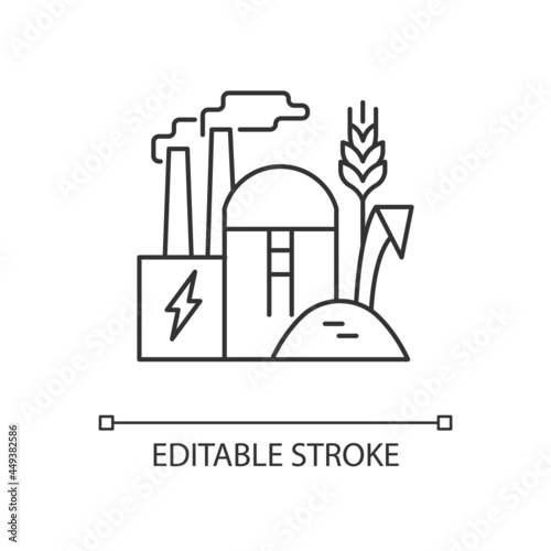 Production of biomass energy linear icon. Alternative energy made from organic material. Thin line customizable illustration. Contour symbol. Vector isolated outline drawing. Editable stroke