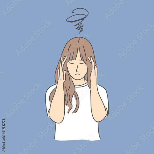 Woman with worried stressed face expression. Hand drawn character style vector.