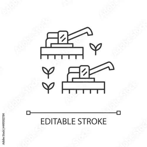 Mechanized agriculture linear icon. Using of equipment and implement. Mechanisation of farming. Thin line customizable illustration. Contour symbol. Vector isolated outline drawing. Editable stroke