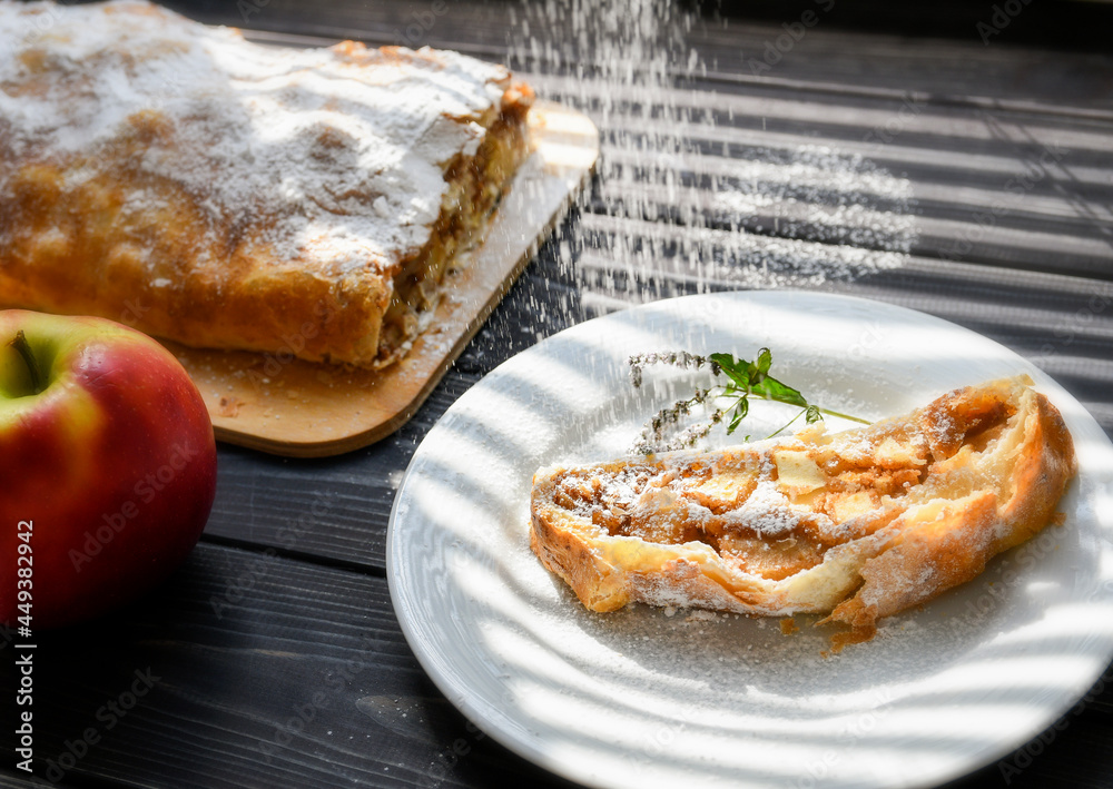 Apple strudel Apple dough pastry Dessert on a plate