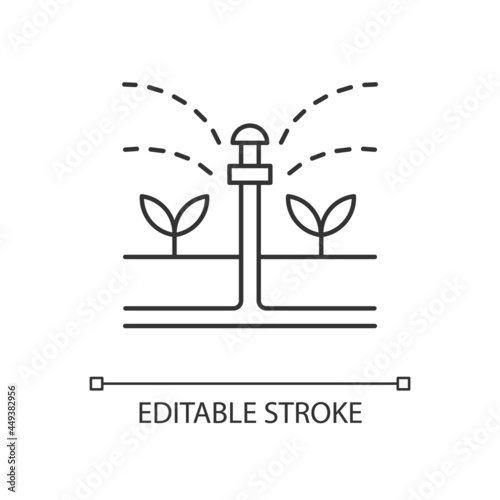 Irrigation device linear icon. Automated watering system. Avoid soil consolidation. Thin line customizable illustration. Contour symbol. Vector isolated outline drawing. Editable stroke