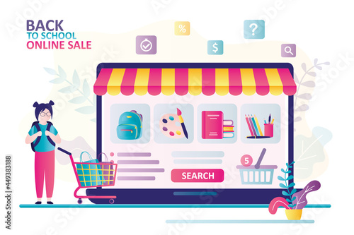 Schoolbgirl chooses stationery in e-store for school. Online shop presents different assortment of goods for school. Internet marketplace for buying stationery on laptop screen.