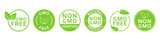 Non GMO labels. GMO free icons. Healthy food concept. Organic cosmetic. No GMO design elements for tags, product package. Eco, vegan, bio. Beauty product. Sustainable life. Vector illustration