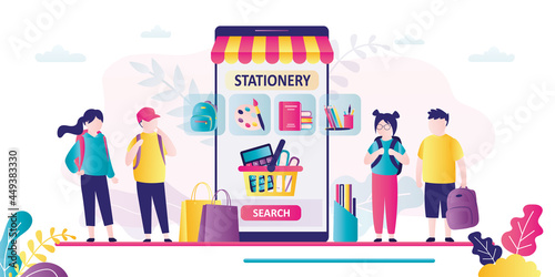 Group of school children chooses stationery in e-store. Mobile application for e-commerce. Internet shop presents different assortment of goods and tools for school.