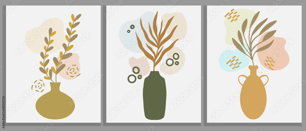Abstract botanical wall decoration poster set. Collection of three minimalist floral collage with tropical palm branch in vase with random organic shape and hand drawn doodle lines. Contemporary art