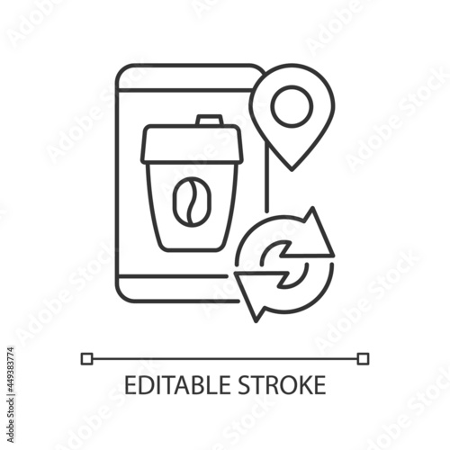 Coffee to go refill cup linear icon. Take away drinks in eco friendly package. Thin line customizable illustration. Contour symbol. Vector isolated outline drawing. Editable stroke