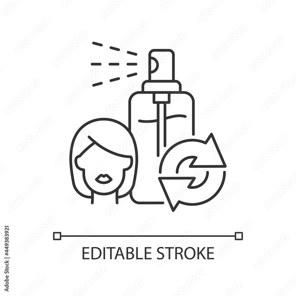 Hairspray refill linear icon. Eco friendly package for hair spray. Recyclable cosmetic. Thin line customizable illustration. Contour symbol. Vector isolated outline drawing. Editable stroke