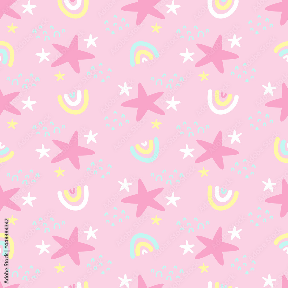 Cartoon background for baby. Doodle childish seamless pattern for stars and rainbows on pink Cartoon background for baby. Doodle childish seamless pattern for stars and rainbows on pink