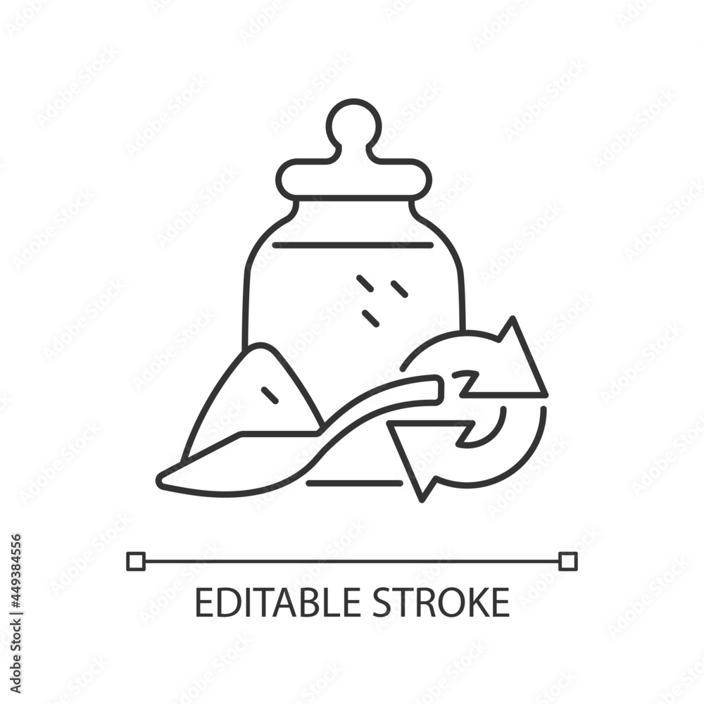 Obraz premium Grain refill linear icon. Eco friendly package for groceries. Bulk foods for domestic use. Thin line customizable illustration. Contour symbol. Vector isolated outline drawing. Editable stroke
