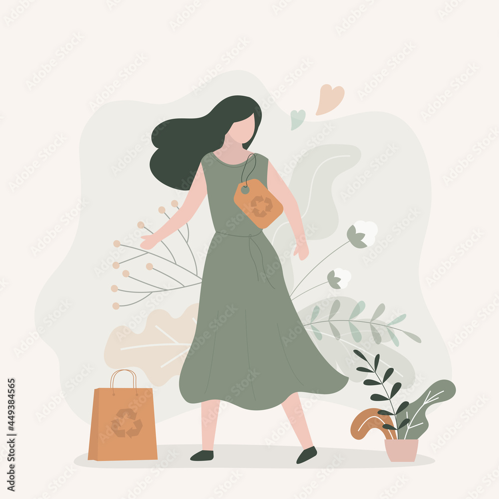 Girl wears dresses made of ethical material. Female character in recycled clothing. Cute woman supports zero waste movement Girl wears dresses made of ethical material. Female character in recycled clothing. Cute woman supports zero waste movement