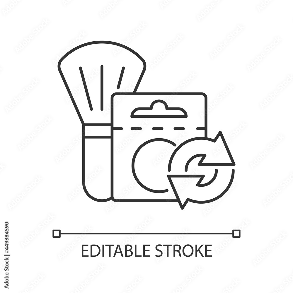 Blush refill linear icon. Eco friendly package for vegan facial cosmetics. Beauty product. Thin line customizable illustration. Contour symbol. Vector isolated outline drawing. Editable stroke Blush refill linear icon. Eco friendly package for vegan facial cosmetics. Beauty product. Thin line customizable illustration. Contour symbol. Vector isolated outline drawing. Editable stroke
