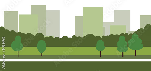 Beautiful green 2d banner concept with cartoon landscape and skyscrapers