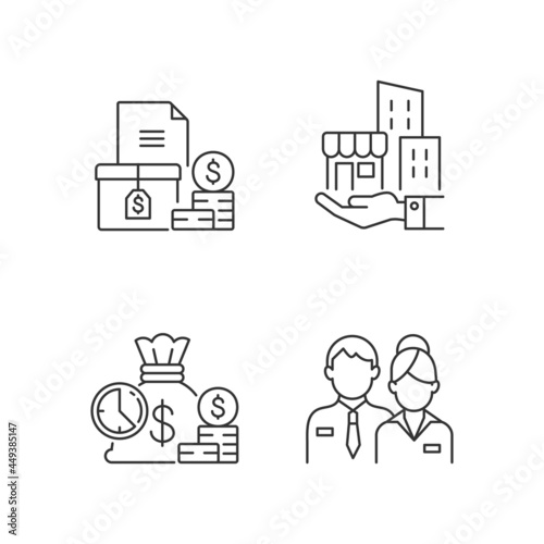 Building ownership linear icons set. Account receivable. Business investment. Company staff. Customizable thin line contour symbols. Isolated vector outline illustrations. Editable stroke
