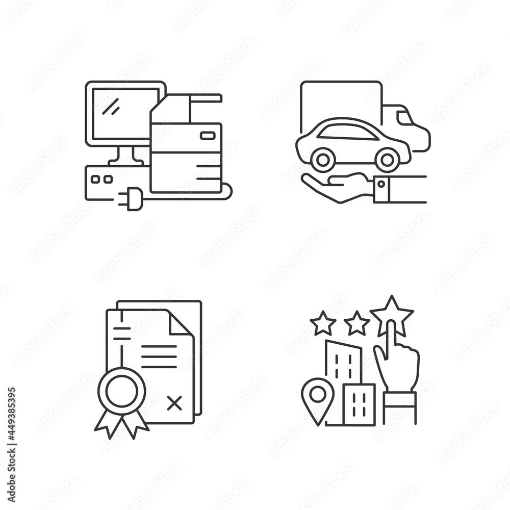 Company image linear icons set. Goodwill. Technical equipment and owned vehicles. Computing devices. Customizable thin line contour symbols. Isolated vector outline illustrations. Editable stroke Company image linear icons set. Goodwill. Technical equipment and owned vehicles. Computing devices. Customizable thin line contour symbols. Isolated vector outline illustrations. Editable stroke