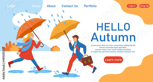 Autumn theme banner. Vector illustration of man and woman running in the rain with umbrellas is associated with an autumn mood. Creative banner, landing page, flyer in a flat style. Autumn outdoor.