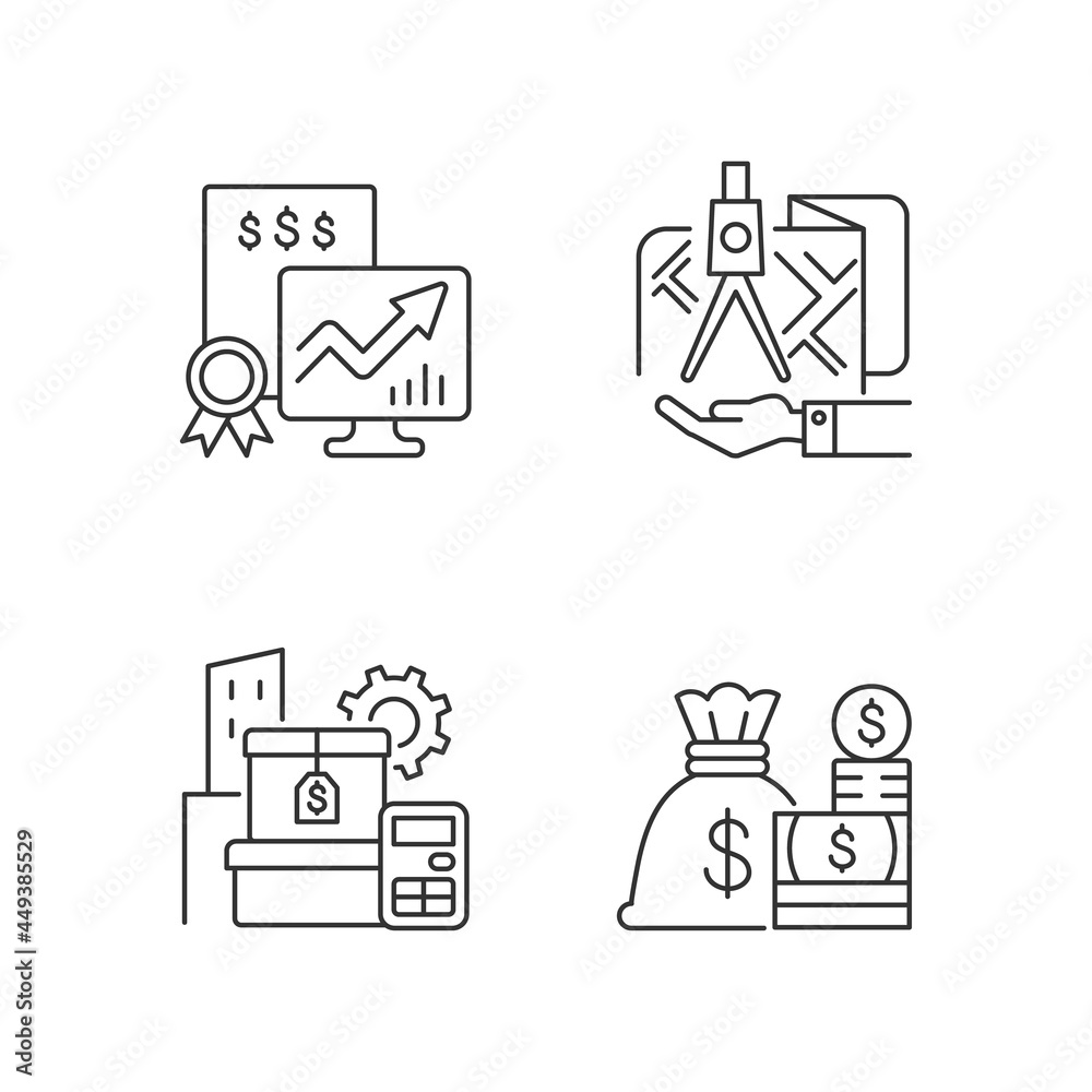 Assets management linear icons set. Cash and marketable securities. Public stock. Land owning. Customizable thin line contour symbols. Isolated vector outline illustrations. Editable stroke Assets management linear icons set. Cash and marketable securities. Public stock. Land owning. Customizable thin line contour symbols. Isolated vector outline illustrations. Editable stroke