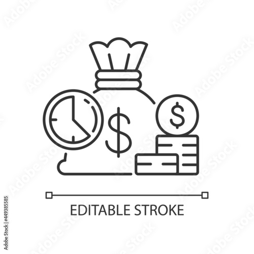 Short term deposit linear icon. Sum of money for short period of time invest. Bank currency. Thin line customizable illustration. Contour symbol. Vector isolated outline drawing. Editable stroke photo