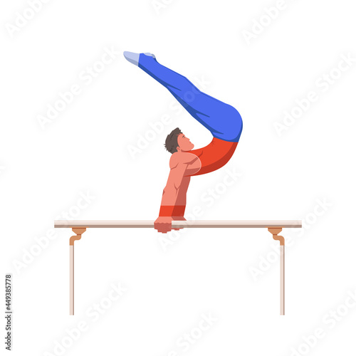 A gymnast with an athletic physique performs on Parallel bars, athlete shows static hold skill with his hands. Vector flat design illustration. Individual all-around preflight competition scene.
