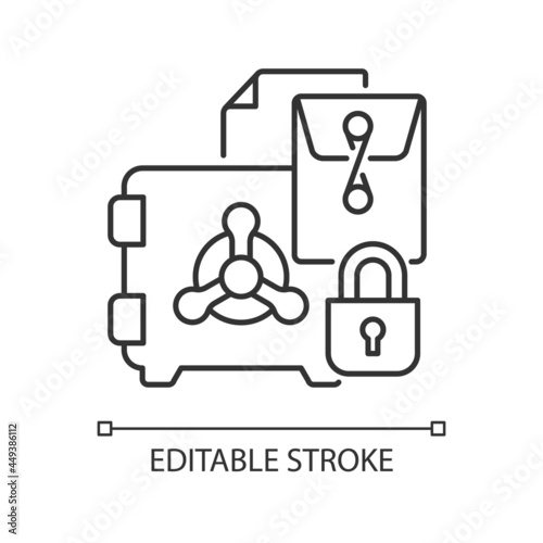 Trade secrets linear icon. Intellectual property right. Locked in a vault. Confidential forms. Thin line customizable illustration. Contour symbol. Vector isolated outline drawing. Editable stroke