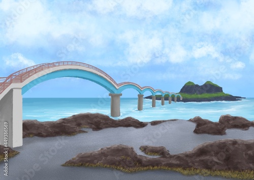 Sanxiantai island, a digital painting of landscape of sand and rock beach with arch bridge in Taitung, Taiwan raster 3D illustration anime background. photo