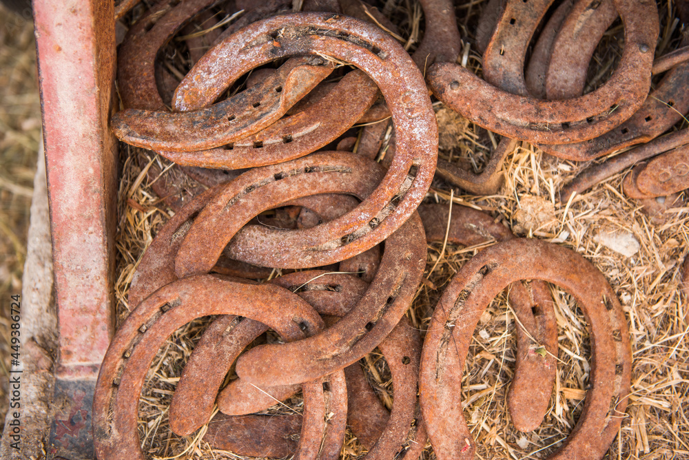 Several old and rusty horse shoes lying on the ground on a farm