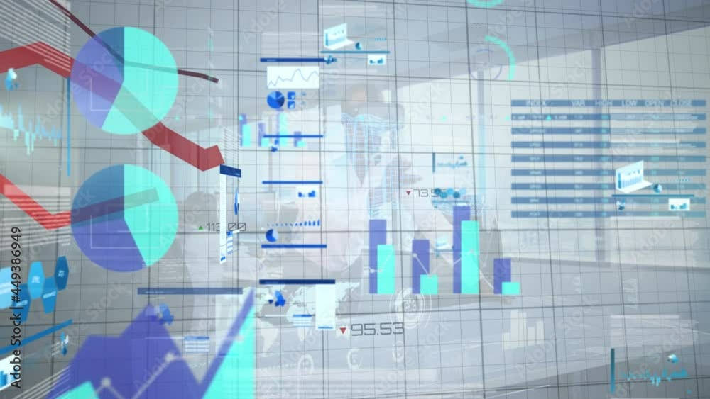 Digital interface with data processing on african american businessman wearing vr headset at office Digital interface with data processing on african american businessman wearing vr headset at office