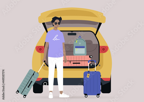 A young male character packing suitcases in a car trunk, summer break road trip, vacation lifestyle