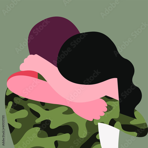 vector illustration of two hugging people in love. girl hugs a military guy. the soldier returned from a business trip from the combat zone. rehabilitation and reintegration of war veterans.