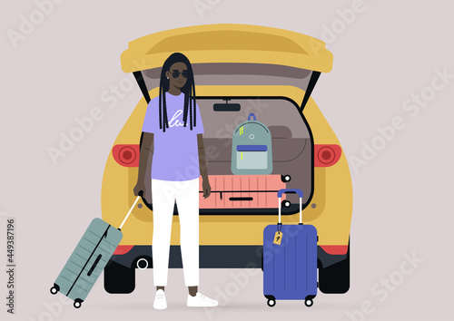 A young female Black character packing suitcases in a car trunk, summer break road trip, vacation lifestyle