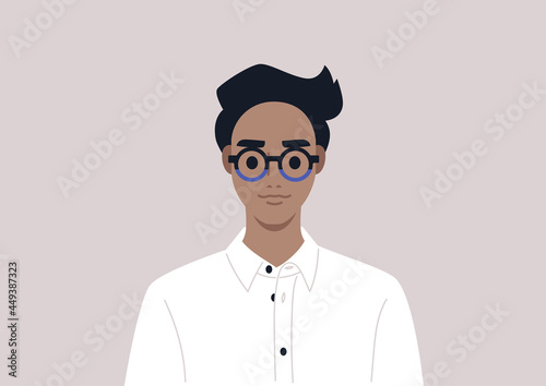 A young male character wearing fancy eyeglasses and a white button up shirt, office smart casual lifestyle
