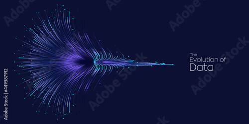 Evolution of data. Vector explosion motion dot lines background. Small particles strive out of center. vector illustration use for quantum technology, digital, science, music, communication.
