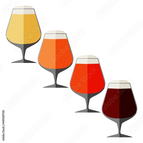 Set with craft beer in snifters for banners, flyers, posters, cards. Light and dark beer, ale, and lager. Beer Day. October fest. Flat style. Vector illustration isolated on white background.