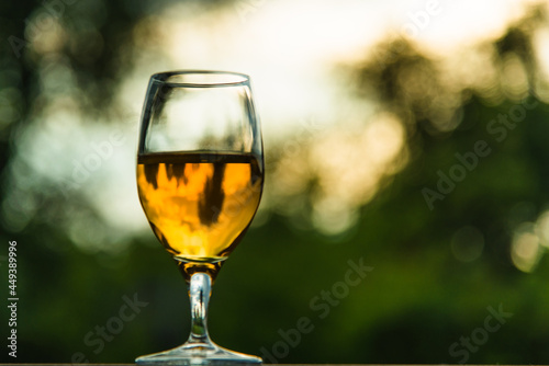 Glass of wine against the background of the sky and greenery