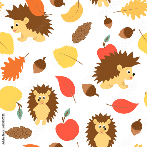 Hedgehog apple leaf and acorn seamless autumn pattern. Vector illustration of fall background. Pattern with animals and autumn elements. Colorful template for wallpaper and packaging.