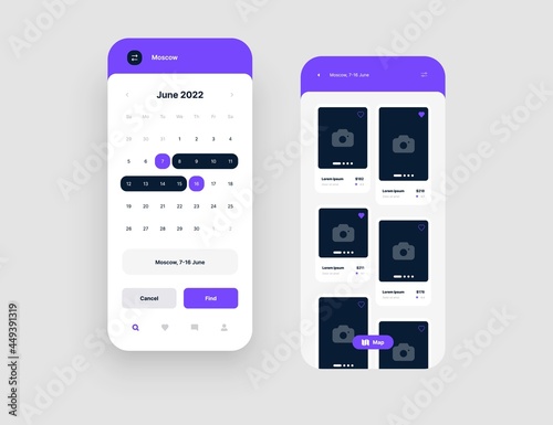 Mobile app interface design for hotel booking or social media. Use design for web application or mobile app.