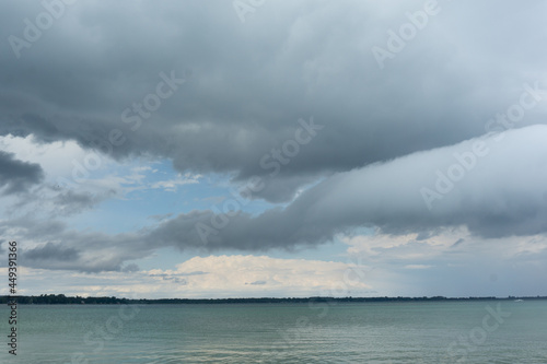 White drifting clouds over a clear blue lake
