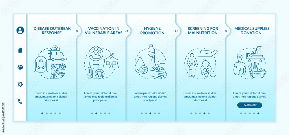Humanitarian health assistance onboarding vector template. Responsive mobile website with icons. Web page walkthrough 5 step screens. Charity color concept with linear illustrations
