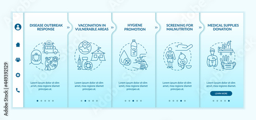 Humanitarian health assistance onboarding vector template. Responsive mobile website with icons. Web page walkthrough 5 step screens. Charity color concept with linear illustrations